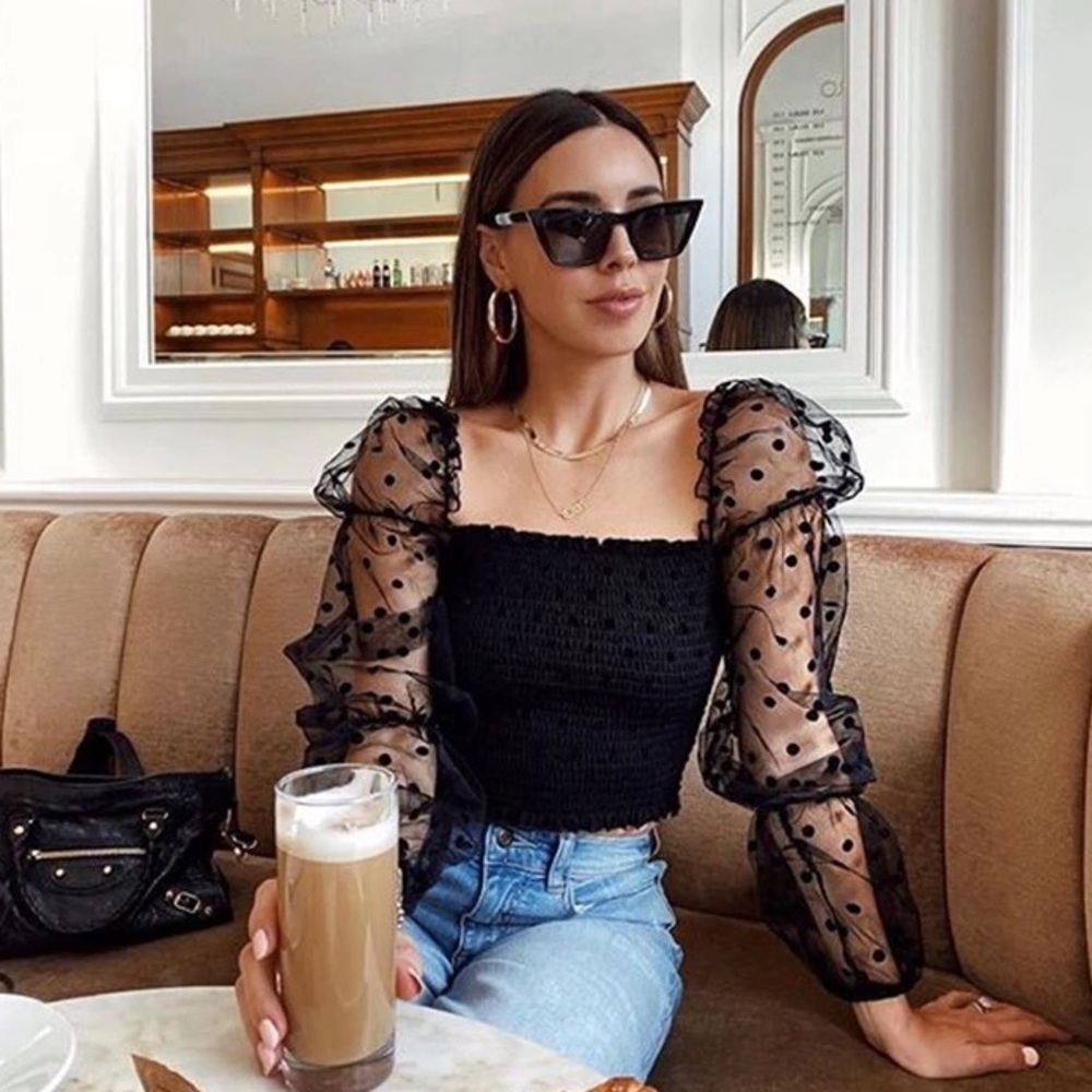 Polka Dot Balloon Sleeve Blouse